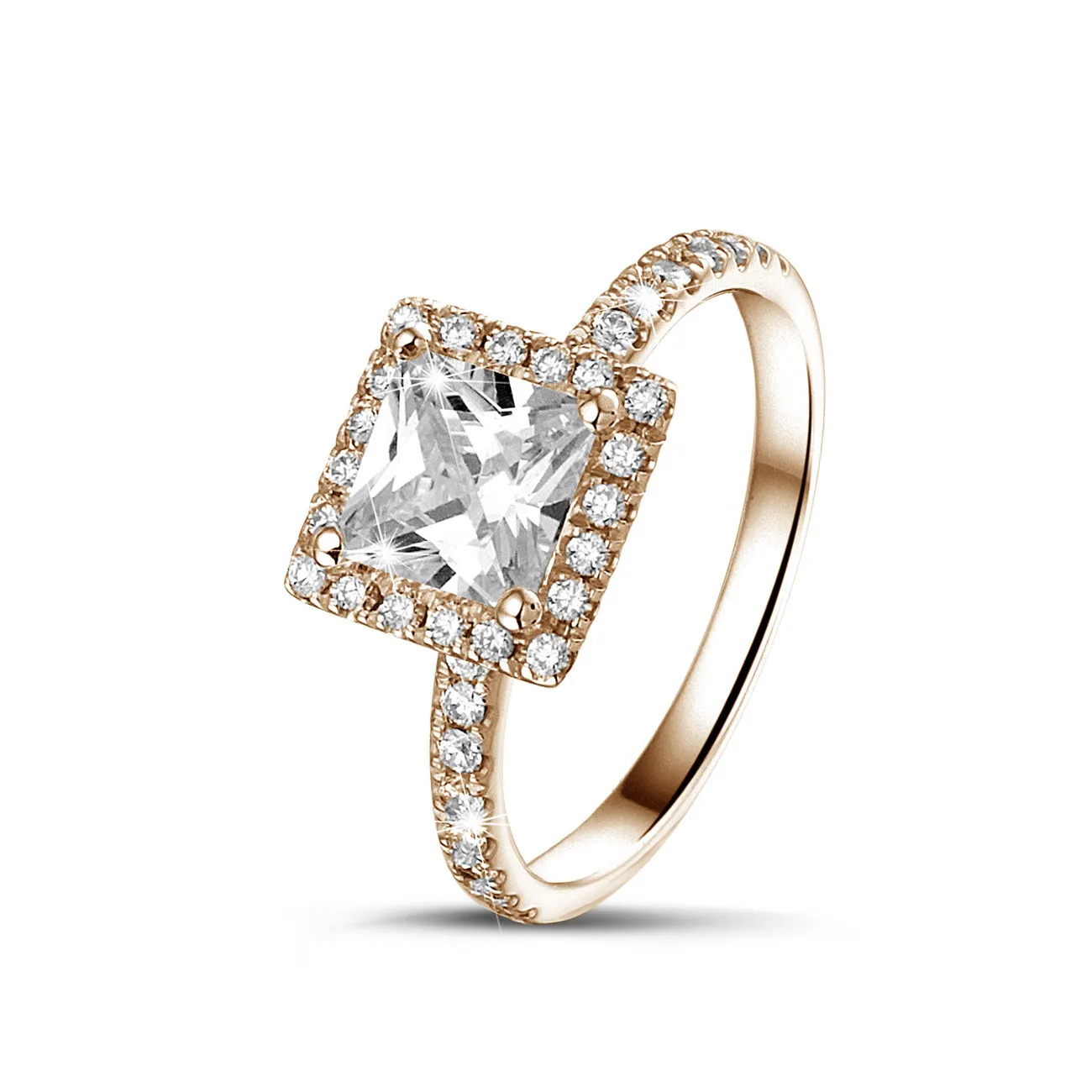 0.70 quilates halo anillo solitario diamante princesa en oro rojo con diamantes redondos 