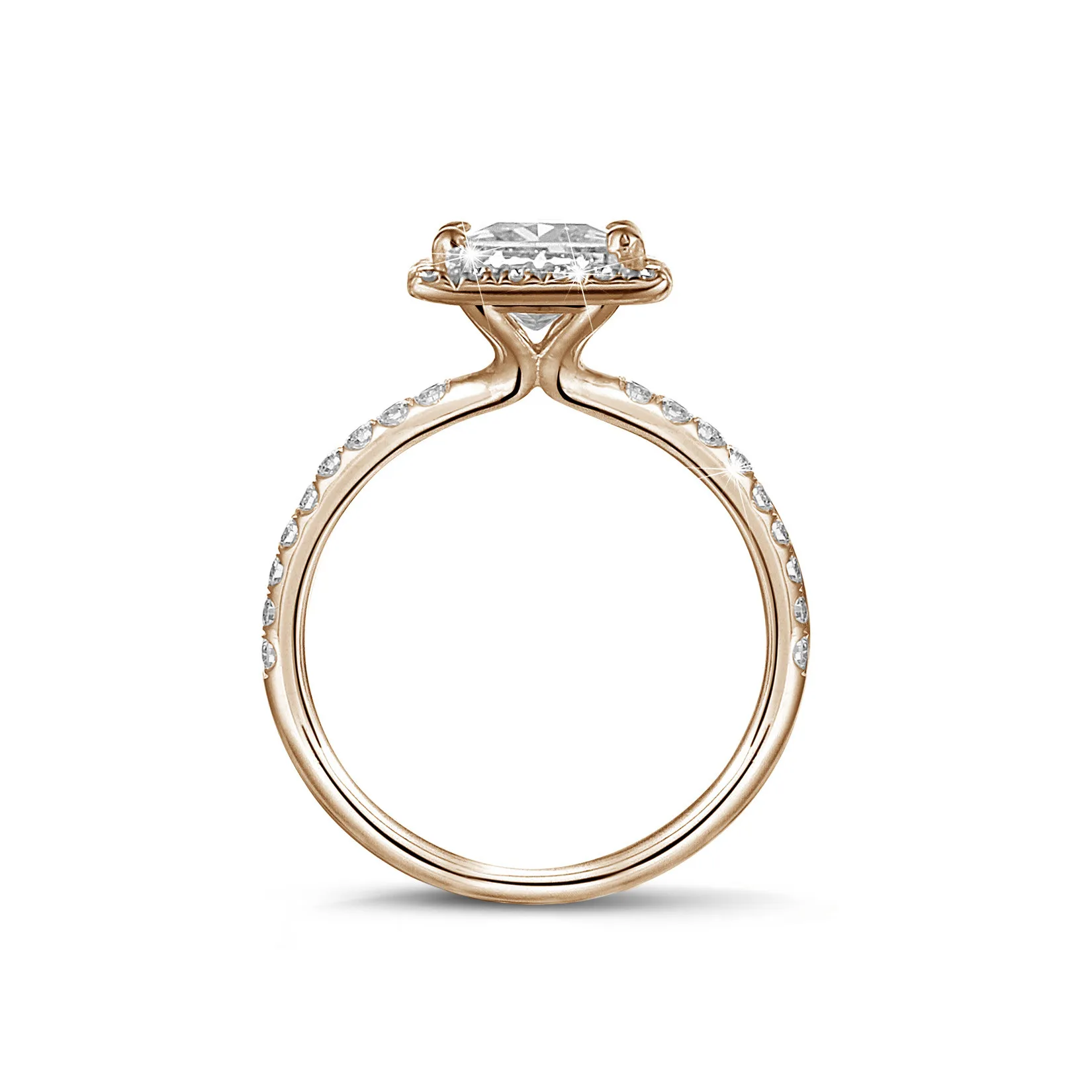 0.70 quilates halo anillo solitario diamante princesa en oro rojo con diamantes redondos 