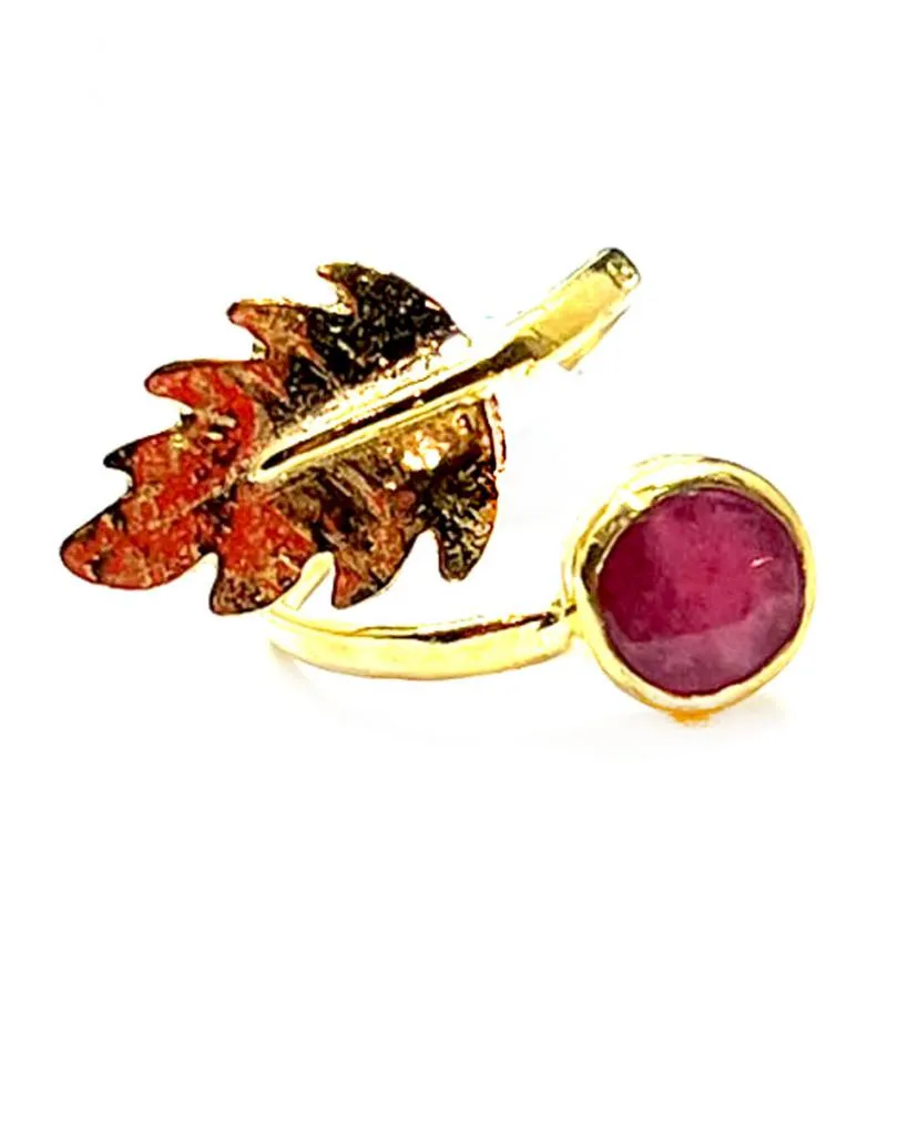 ANILLO MUJER ALTA BISUTERÍA CON PIEDRA NATURAL ROSA Y DETALLE DE HOJA