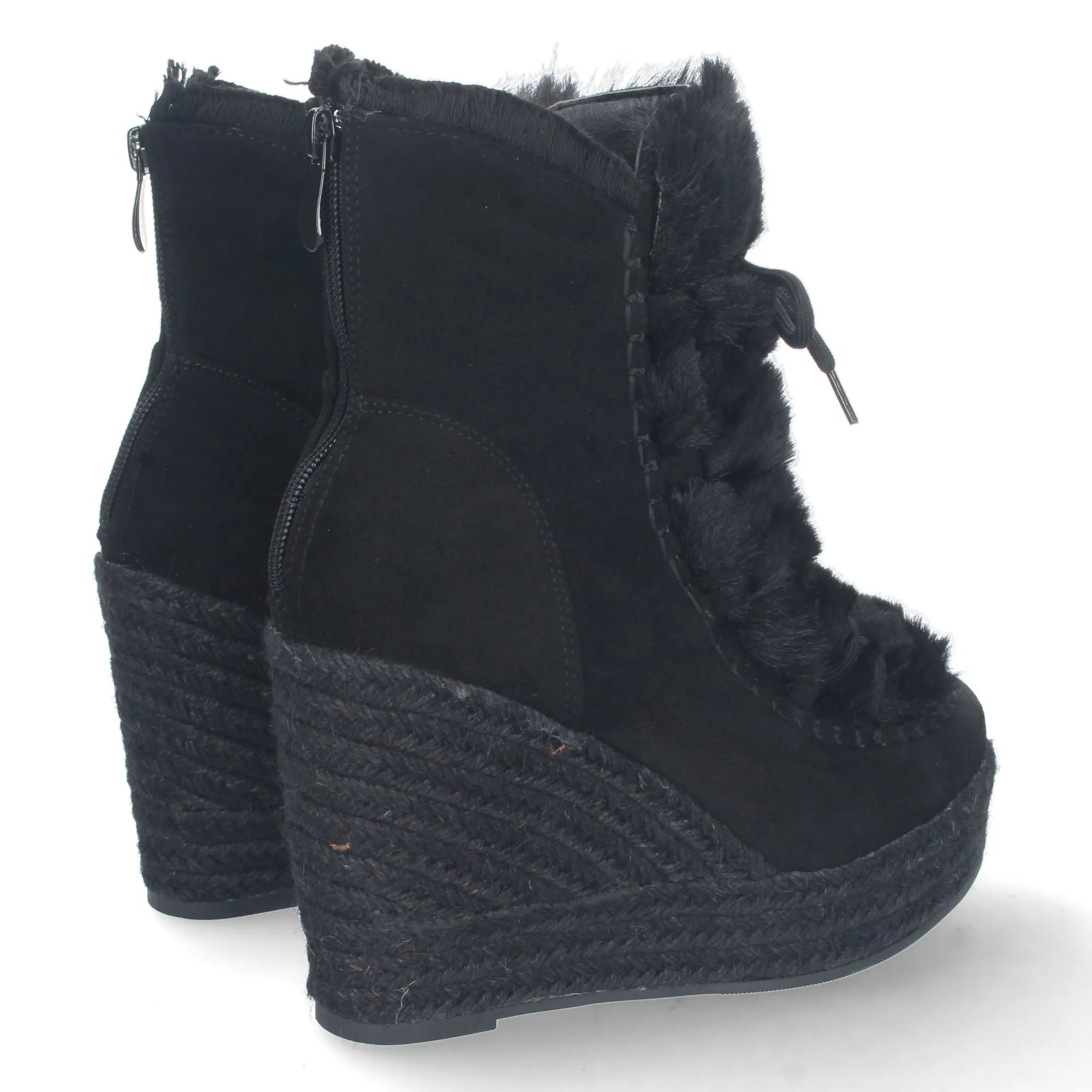 Botin de cuña en yute y pelo estilo australianas para mujer negro