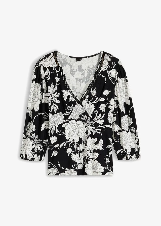 CAMISA CON INSERTO DE GANCHILLO NEGROBLANCO DE FLORES
