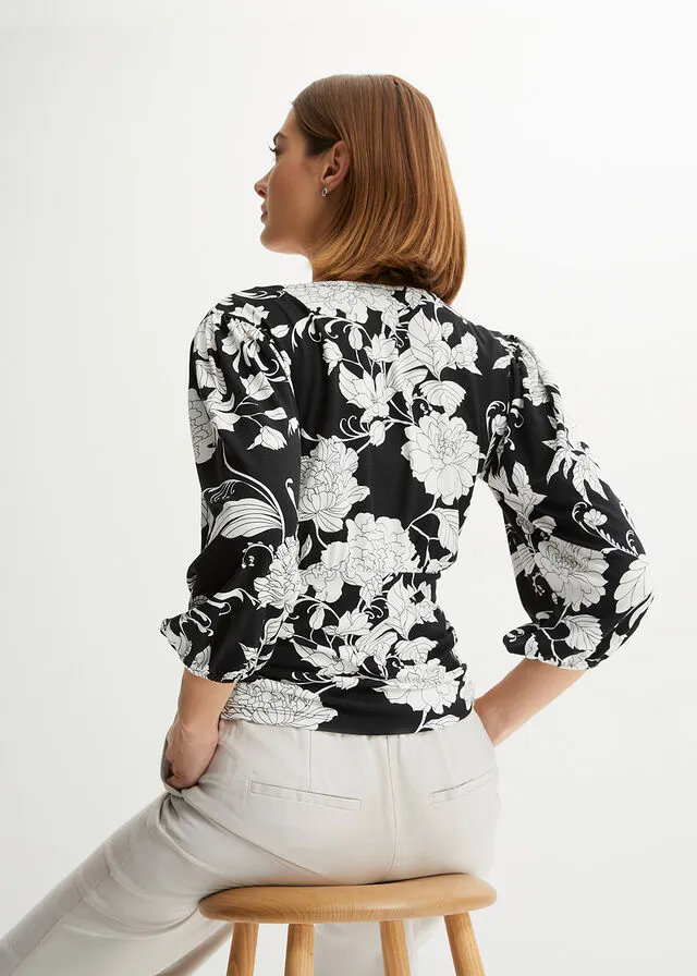 CAMISA CON INSERTO DE GANCHILLO NEGROBLANCO DE FLORES