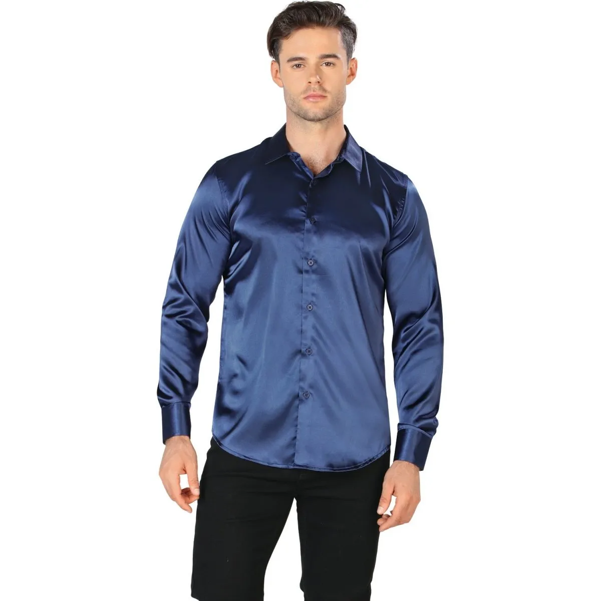 CAMISA DE MODA MONTERO JEANS COLOR AZUL MARINO LISO BRILLANTE MON0444AM