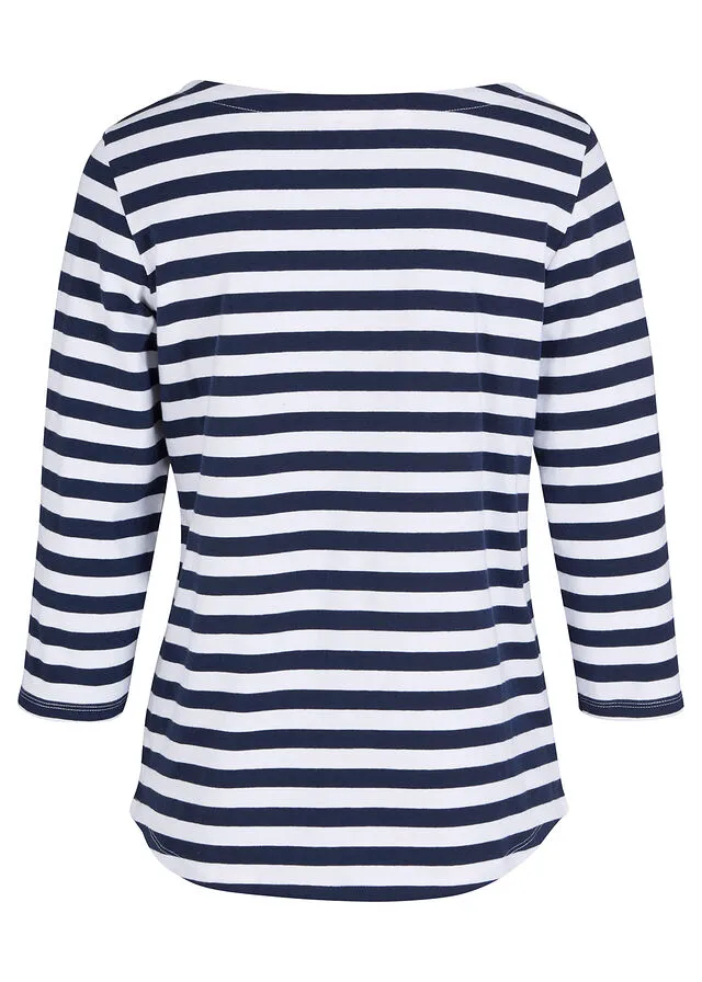CAMISETA 3/4 CON ESCOTE BARCO BLANCOAZUL OSCURO CON RAYAS