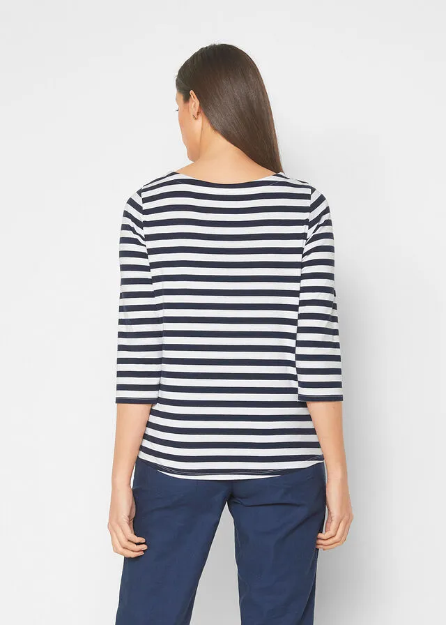 CAMISETA 3/4 CON ESCOTE BARCO BLANCOAZUL OSCURO CON RAYAS