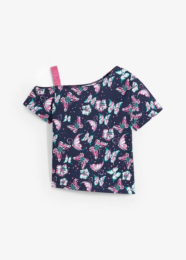 Camiseta con hombros al descubierto azul marino con flores