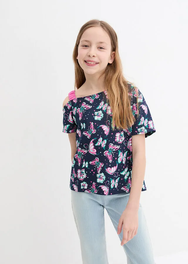 Camiseta con hombros al descubierto azul marino con flores