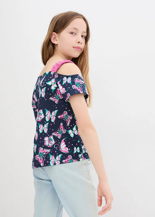 Camiseta con hombros al descubierto azul marino con flores