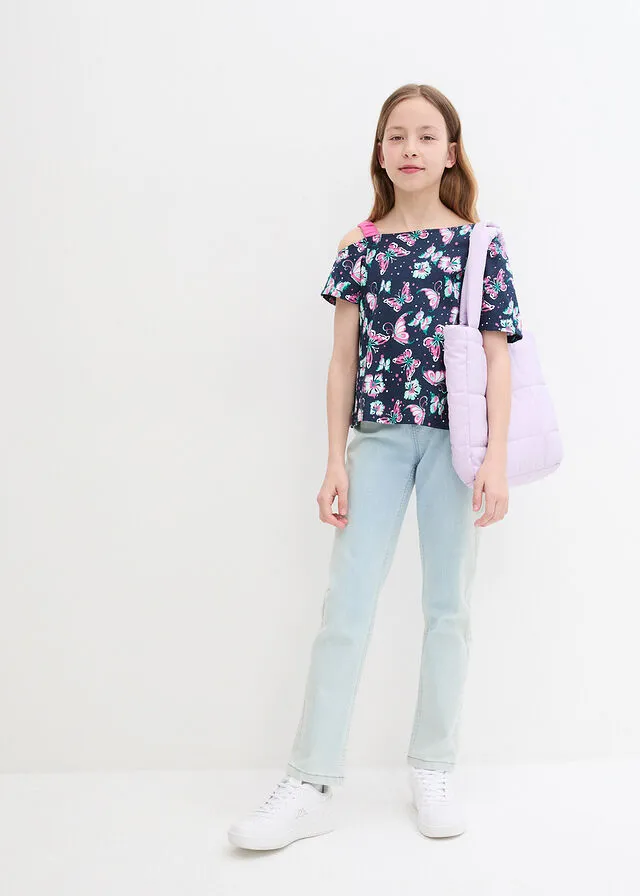 Camiseta con hombros al descubierto azul marino con flores