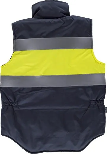 Chaleco acolchado y multibolsillos con dos cintas reflectantes Marino / Amarillo