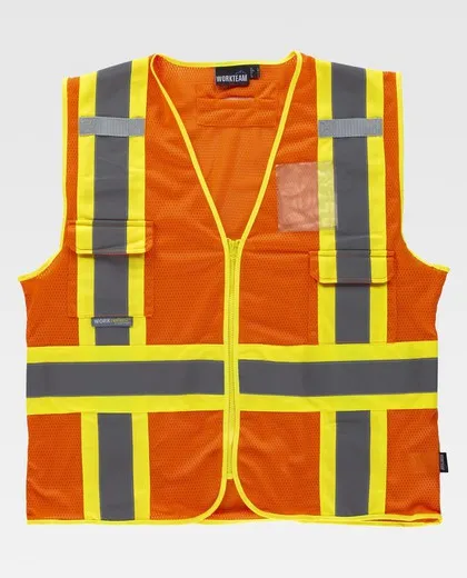 Chaleco alta visibilidad, multibolsillos, cintas reflectantes bicolores verticales y horizontales Naranja AV Amarillo AV