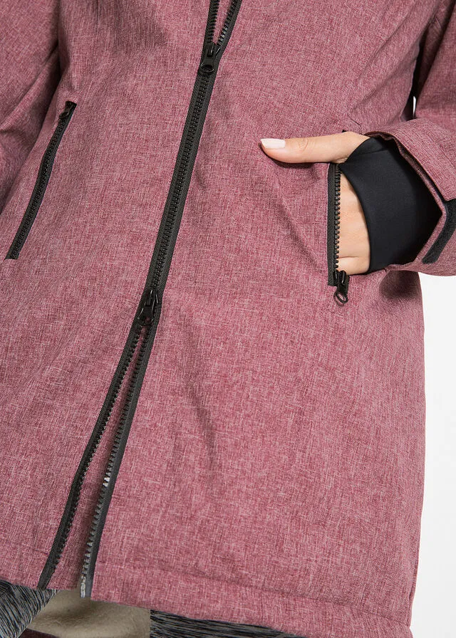 Chaqueta larga funcional impermeable para exteriores con forro polar Burdeos moteado