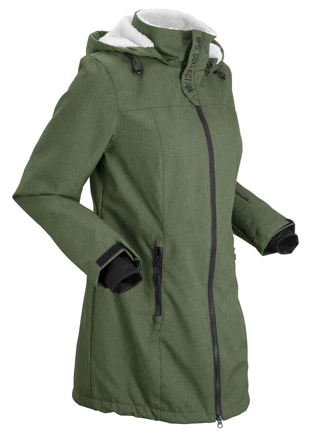 Chaqueta larga funcional impermeable para exteriores con forro polar musgo moteado