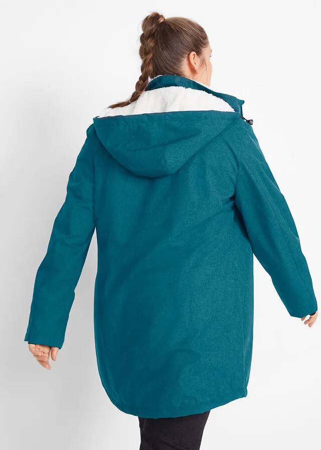 Chaqueta larga funcional impermeable para exteriores con forro polar musgo moteado
