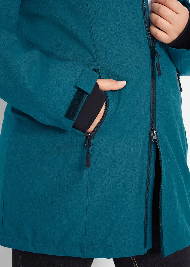 Chaqueta larga funcional impermeable para exteriores con forro polar musgo moteado
