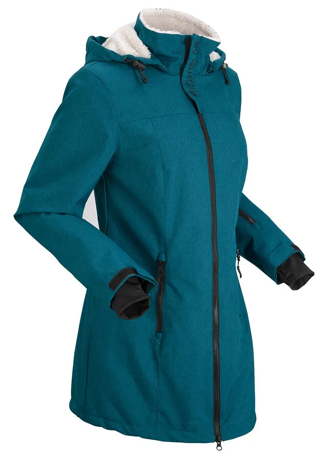 Chaqueta larga funcional impermeable para exteriores con forro polar verde azulado moteado