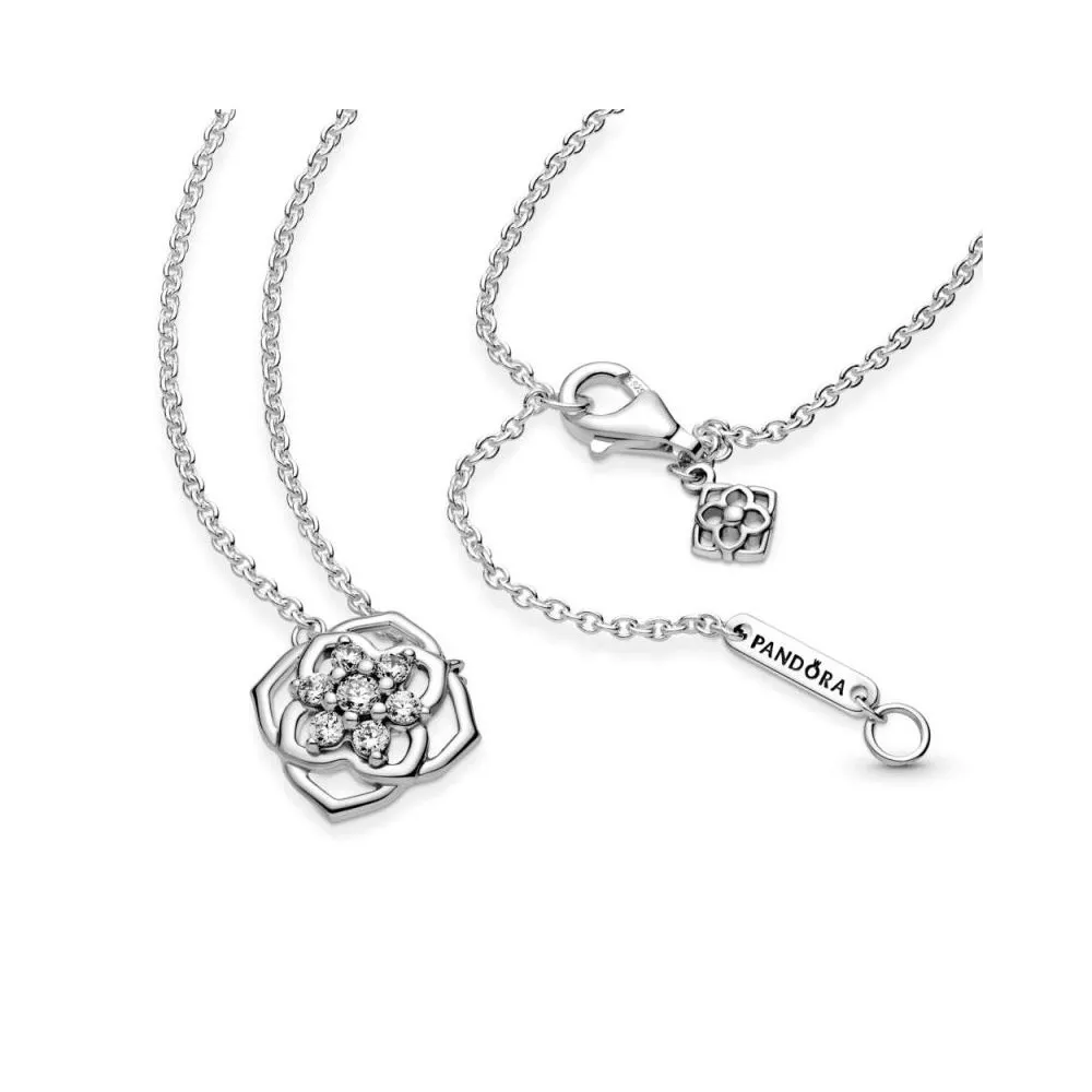 Collar Pandora de plata con flor rosa con circonita cúbica transparente