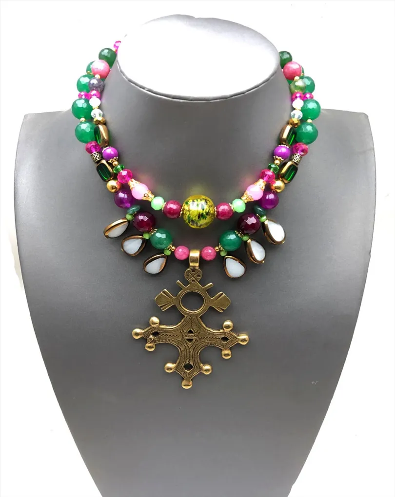 COLLARES MUJER CON PIEDRAS NATURALES CON CRUZ ANTIGUA AFRICANA DE BRONCE