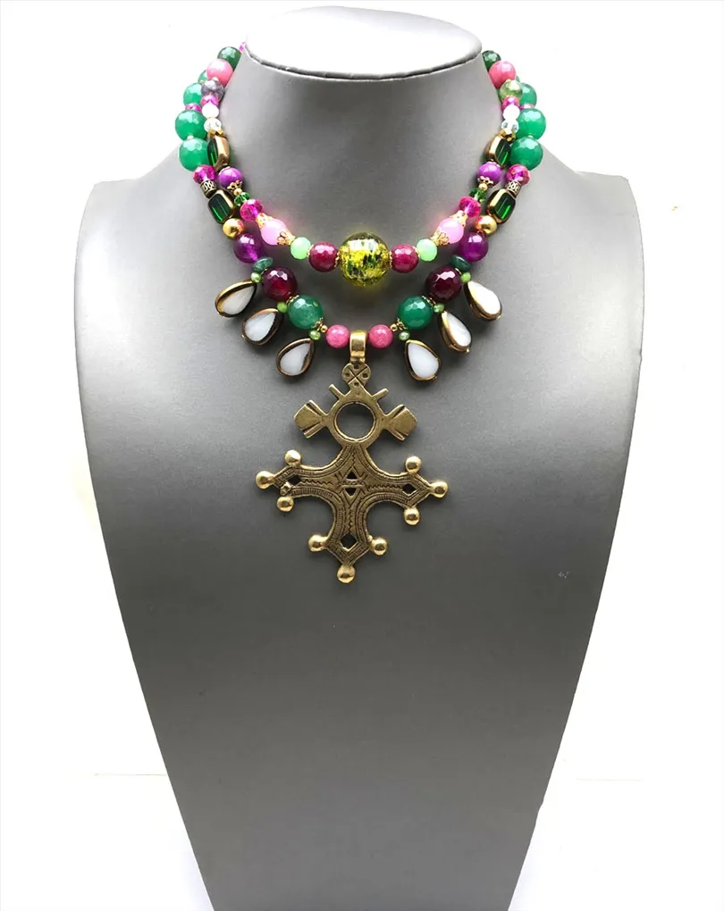 COLLARES MUJER CON PIEDRAS NATURALES CON CRUZ ANTIGUA AFRICANA DE BRONCE