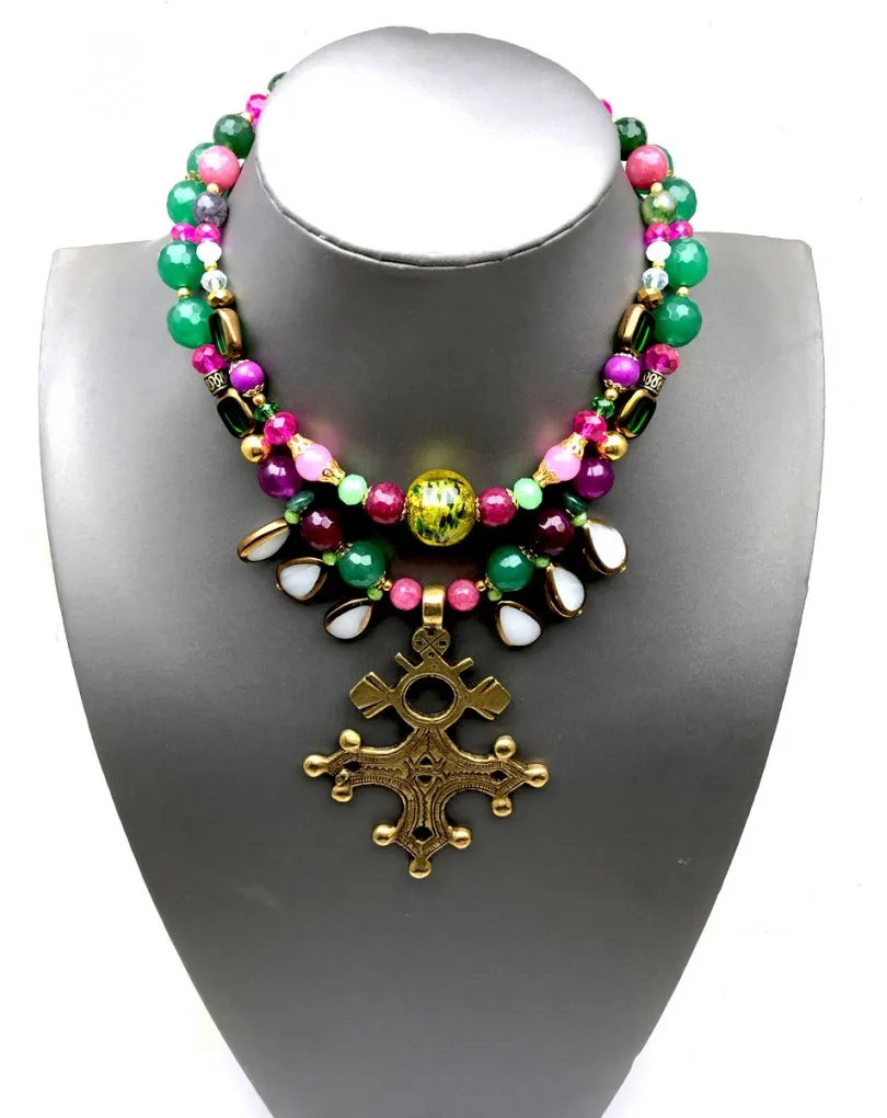 COLLARES MUJER CON PIEDRAS NATURALES CON CRUZ ANTIGUA AFRICANA DE BRONCE