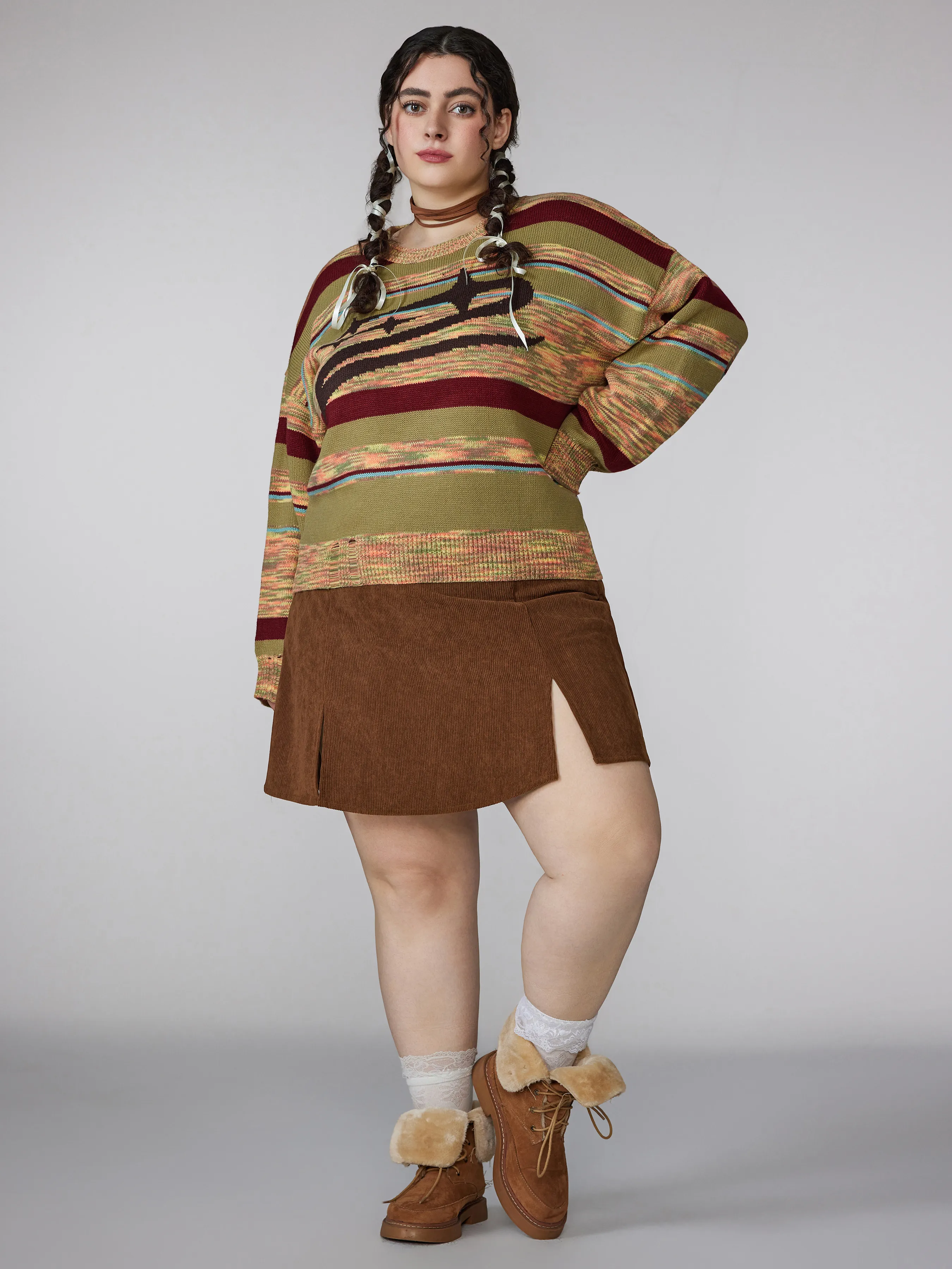  Falda de Pana de Cintura Alta con Abertura Curvy