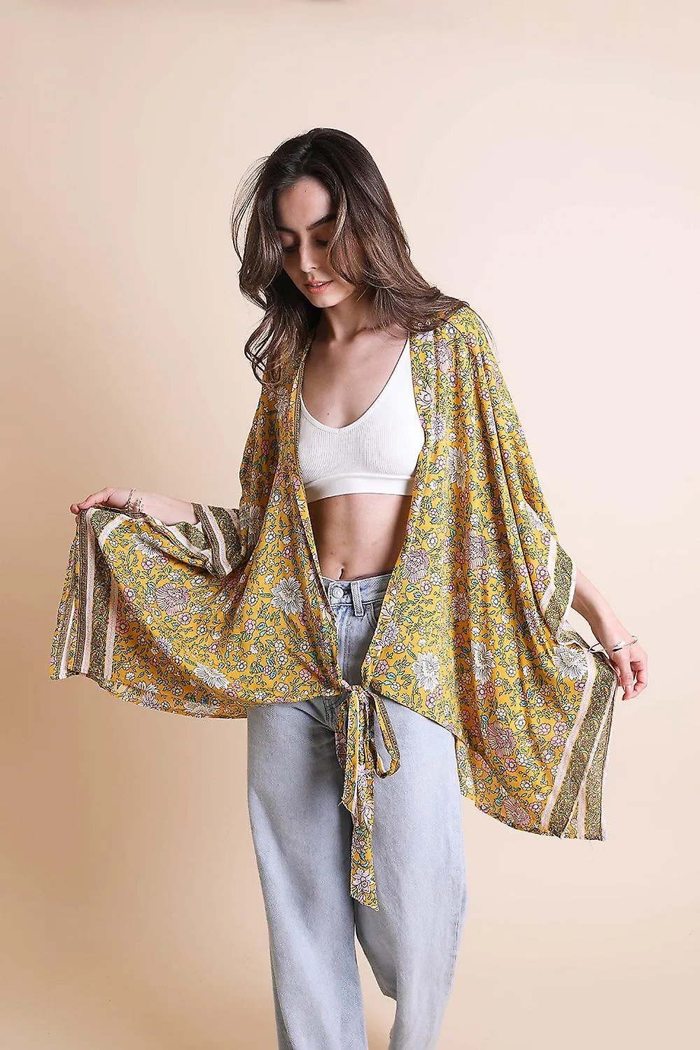 Floral front tie kimono wrap