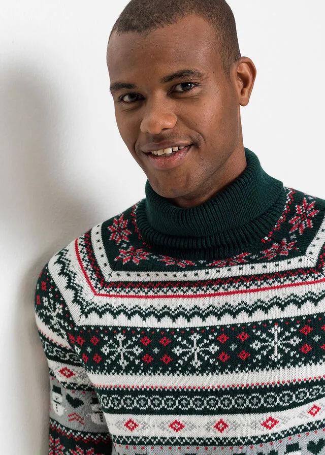 Jersey con cuello alto y patrón nórdico Verde intenso con patrón nórdico