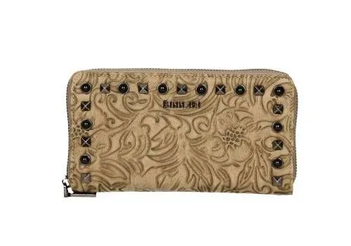 Monedero Taupe Brocado Grande Cremallera y Tachas