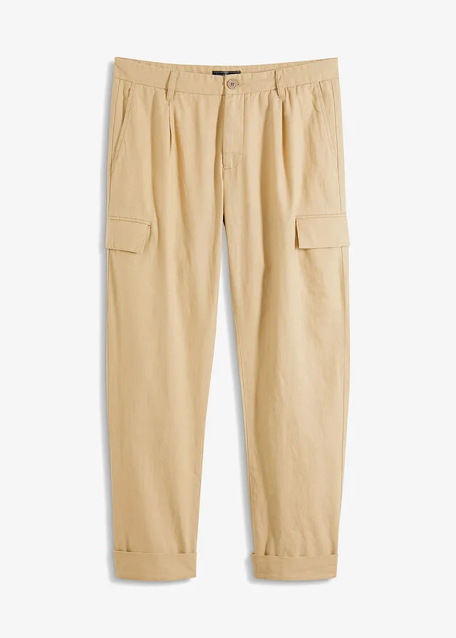 Pantalón cargo regular fit con lino, straight Café con leche