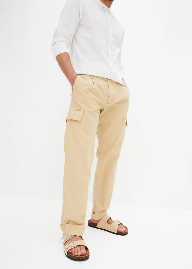 Pantalón cargo regular fit con lino, straight Café con leche