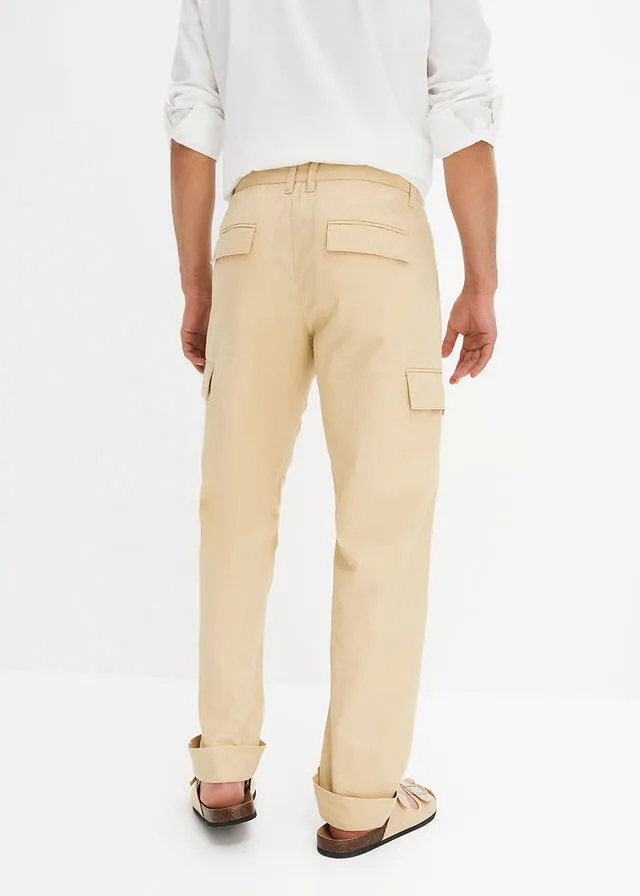 Pantalón cargo regular fit con lino, straight Café con leche