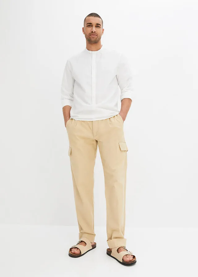 Pantalón cargo regular fit con lino, straight Café con leche