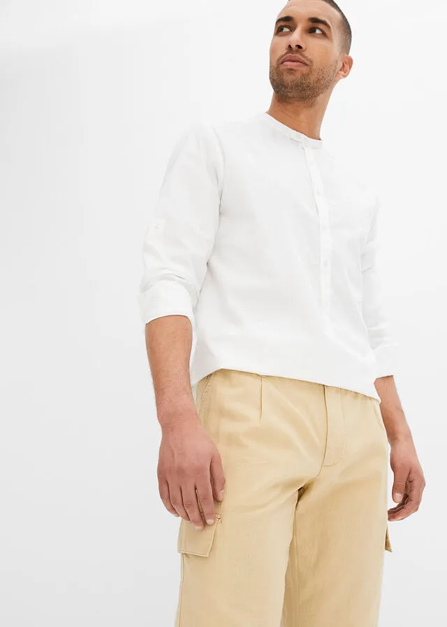 Pantalón cargo regular fit con lino, straight Café con leche