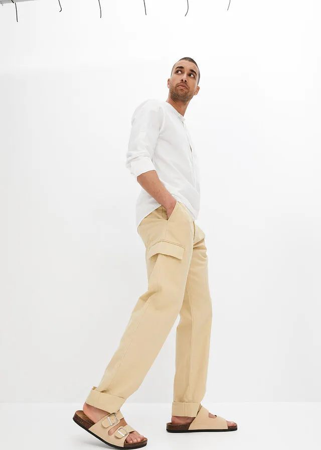 Pantalón cargo regular fit con lino, straight Café con leche