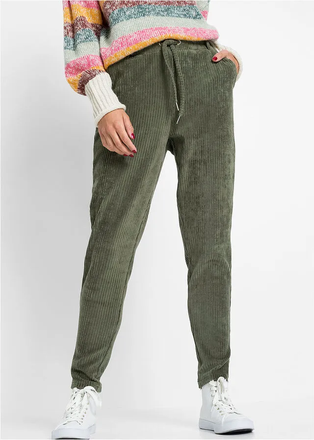Pantalón con aspecto de pana con cintura elástica Verde oliva