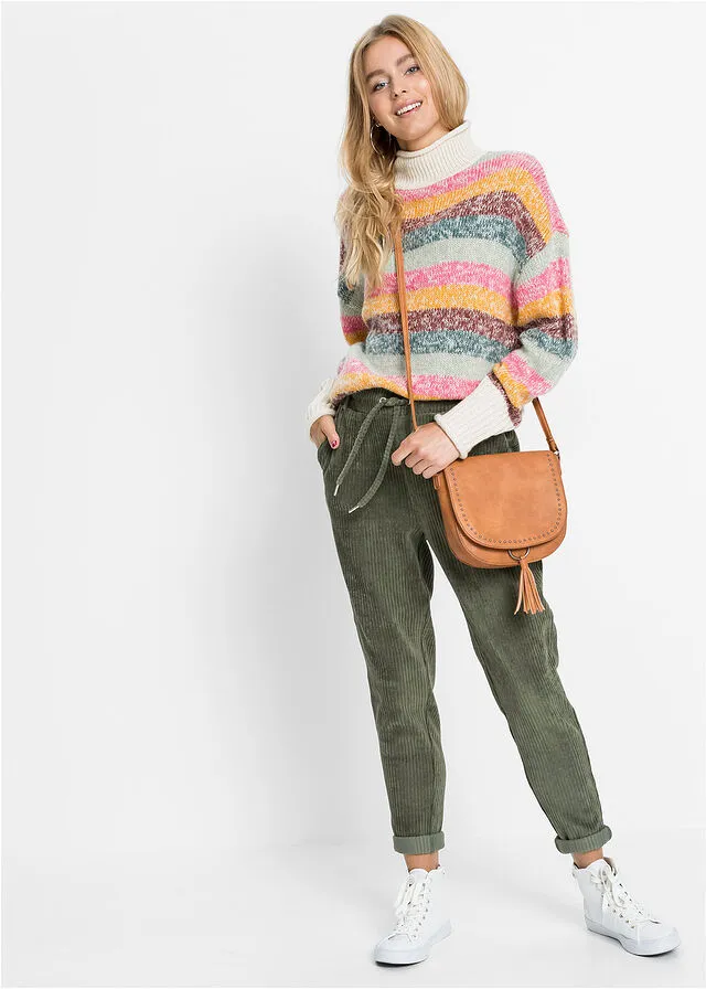 Pantalón con aspecto de pana con cintura elástica Verde oliva