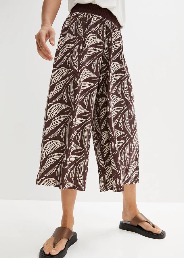 PANTALóN DE PUNTO ANCHO CON NIDO DE ABEJA MARRóN TIERRABEIGE ARENA CON ESTAMPADO