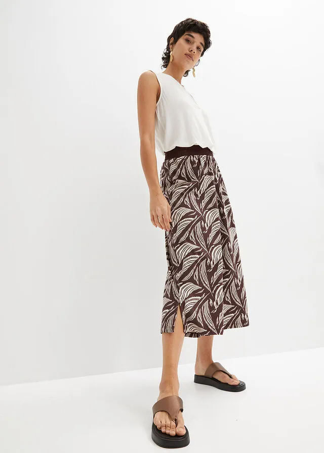PANTALóN DE PUNTO ANCHO CON NIDO DE ABEJA MARRóN TIERRABEIGE ARENA CON ESTAMPADO