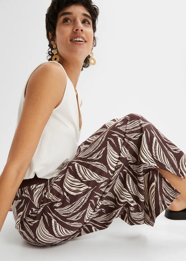 PANTALóN DE PUNTO ANCHO CON NIDO DE ABEJA MARRóN TIERRABEIGE ARENA CON ESTAMPADO