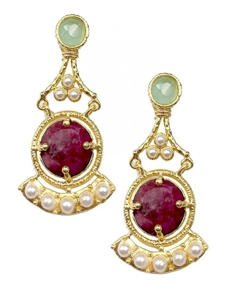 PENDIENTES MUJER LARGOS DE PIEDRAS DE GRANATE Y DETALLE VERDE AGUA