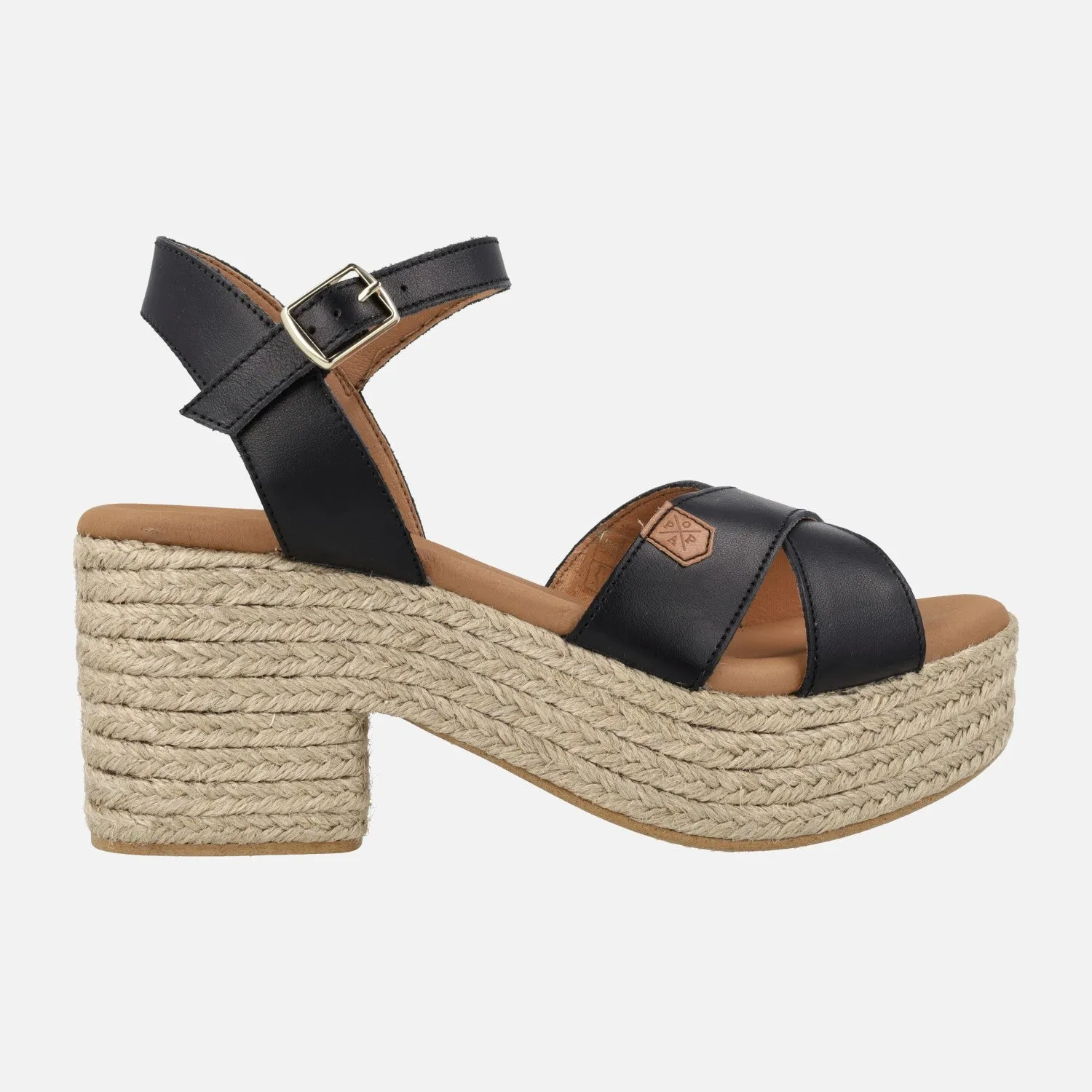 SANDALIAS CLIFTON EN PIEL NEGRA CON TACÓN Y PLATAFORMA DE YUTE