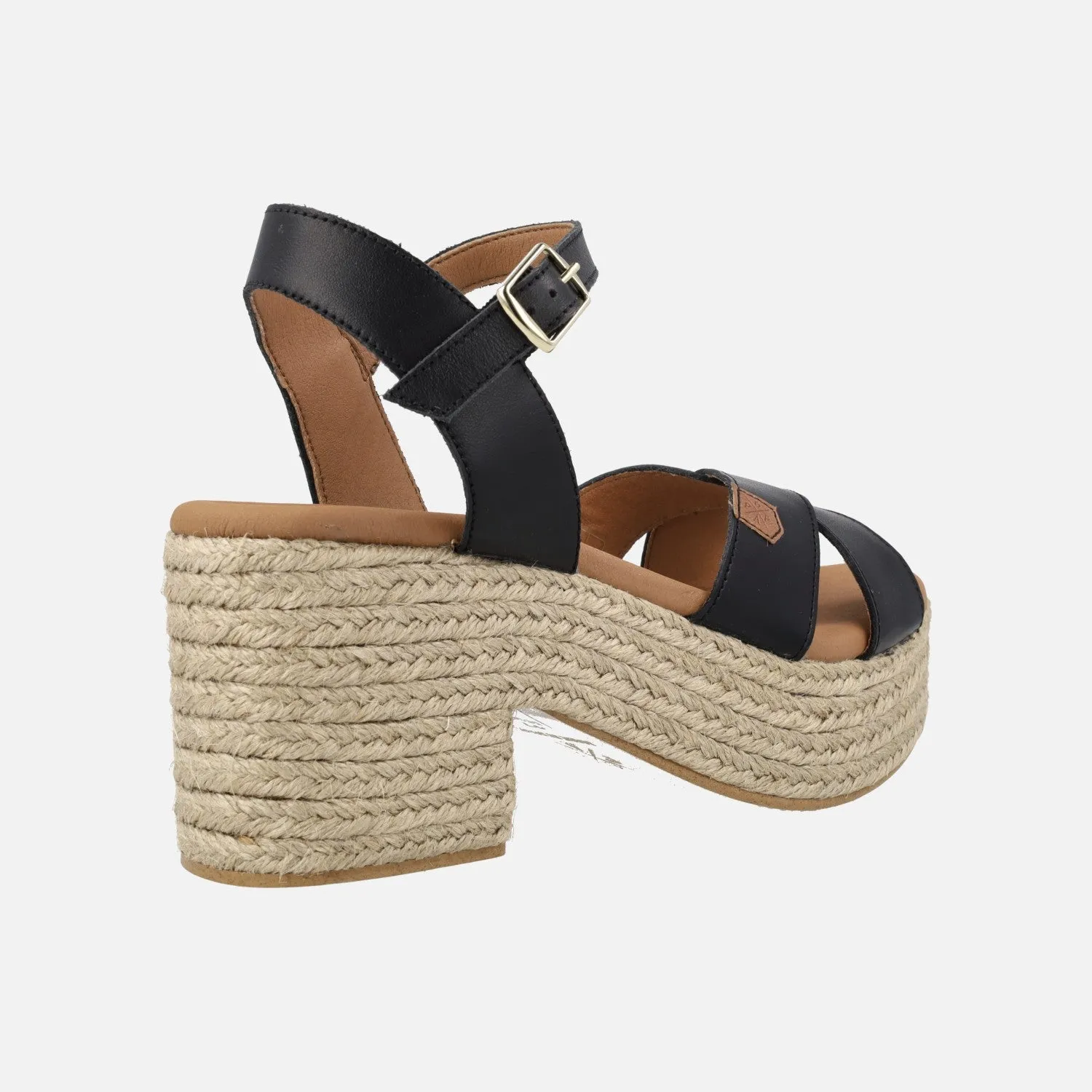 SANDALIAS CLIFTON EN PIEL NEGRA CON TACÓN Y PLATAFORMA DE YUTE