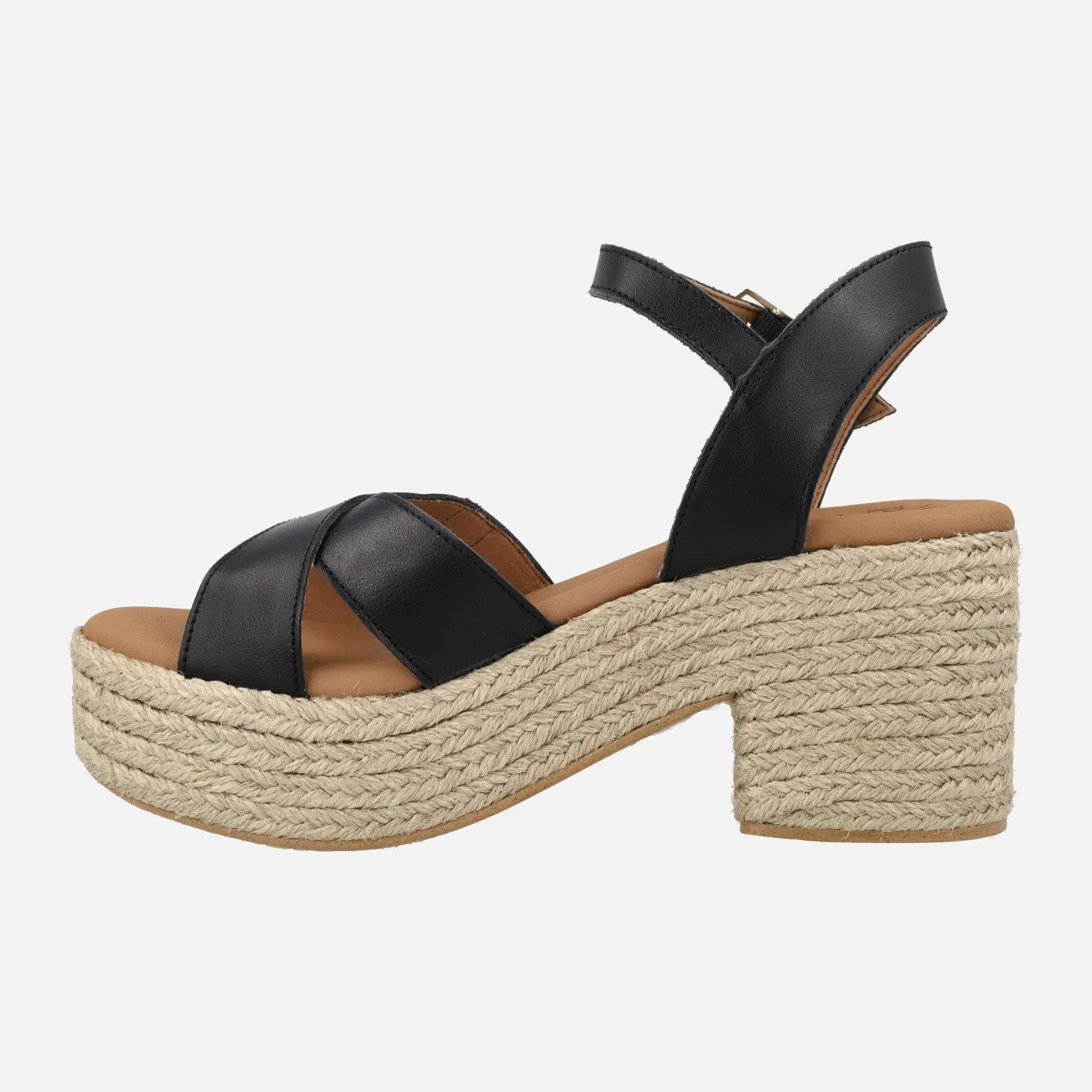 SANDALIAS CLIFTON EN PIEL NEGRA CON TACÓN Y PLATAFORMA DE YUTE