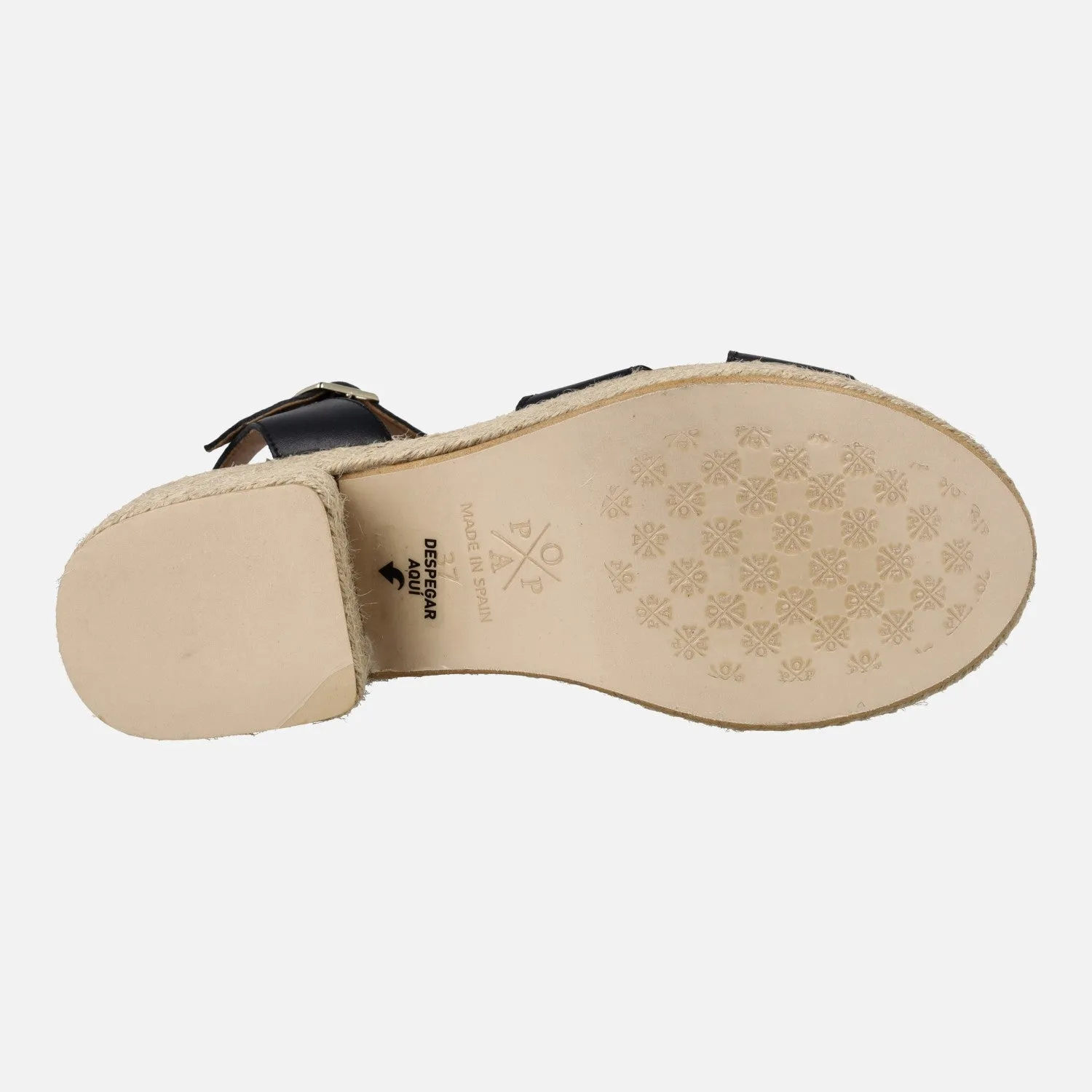 SANDALIAS CLIFTON EN PIEL NEGRA CON TACÓN Y PLATAFORMA DE YUTE