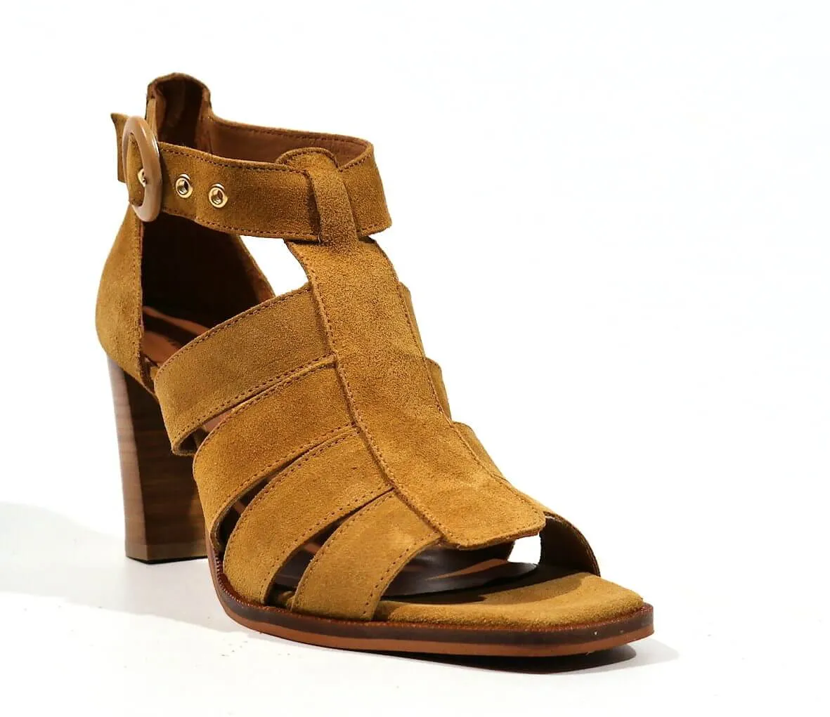 Sandalias mujer en serraje camel con tacón alto Nicola