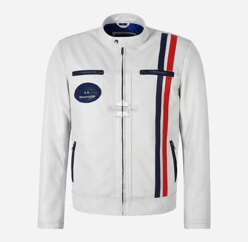SR Racer Men's White Leather Biker Jacket Racer Motorbike Jacket