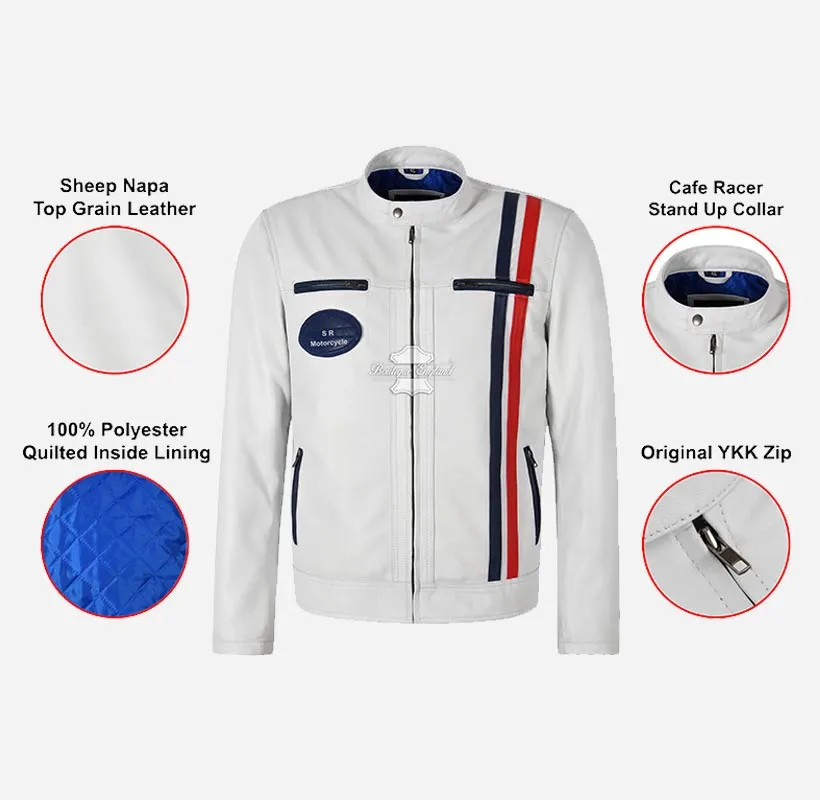 SR Racer Men's White Leather Biker Jacket Racer Motorbike Jacket