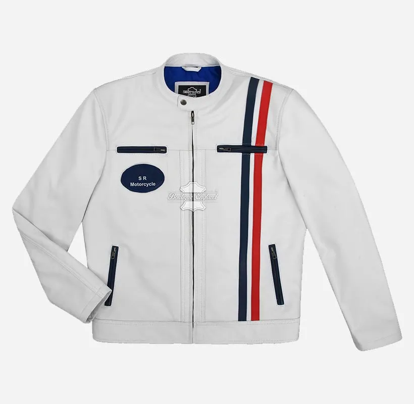 SR Racer Men's White Leather Biker Jacket Racer Motorbike Jacket