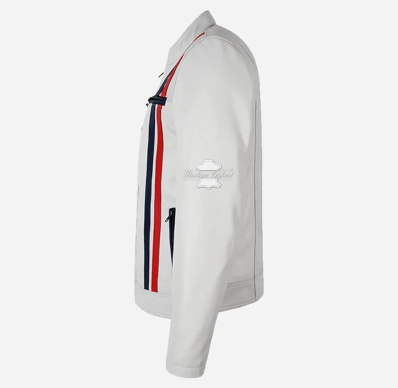 SR Racer Men's White Leather Biker Jacket Racer Motorbike Jacket