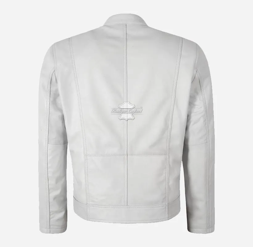 SR Racer Men's White Leather Biker Jacket Racer Motorbike Jacket